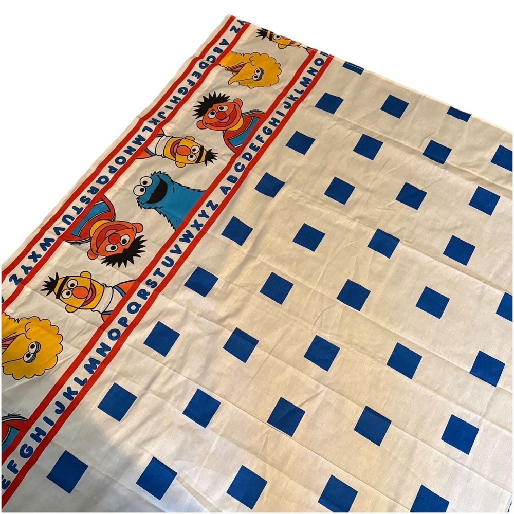 VTG Sesame Street Twin Size Flat Sheet Characters ABCs Blue Checkers Classic
